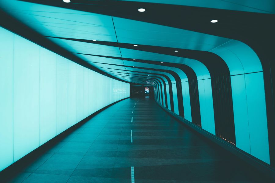 Tunnel with turquoise lighting