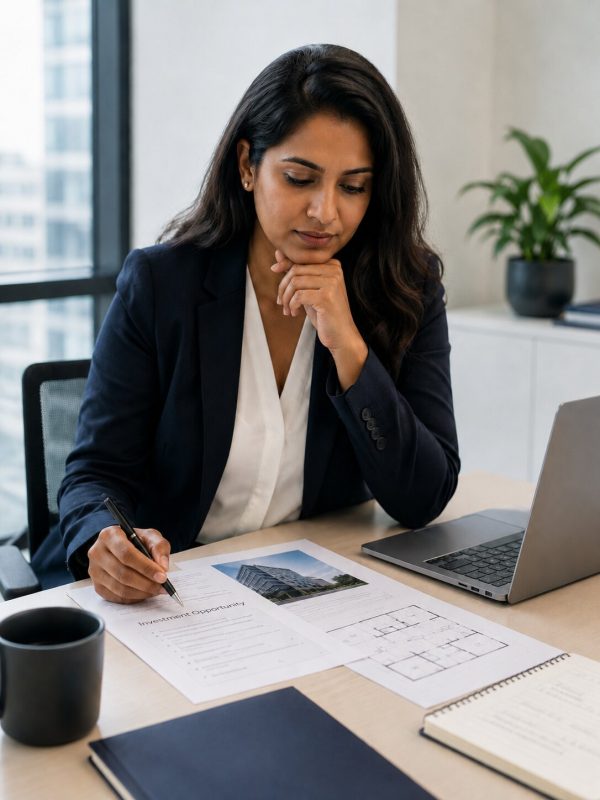 Professional adviser reviewing commercial property plans and investment documents in a modern office.