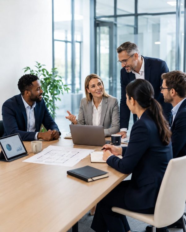 Group of professional advisers discussing commercial property opportunities in a modern office.